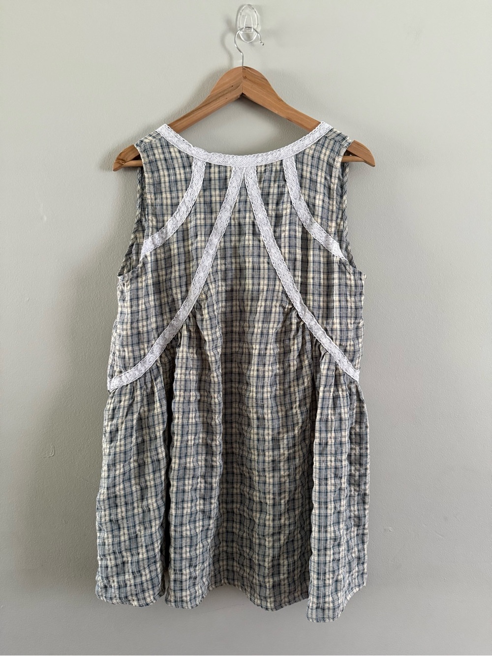 Bohemian Casual Woven Blue & Beige Plaid Sleeveless Midi Dress with Lace Trim - Picture 8 of 11